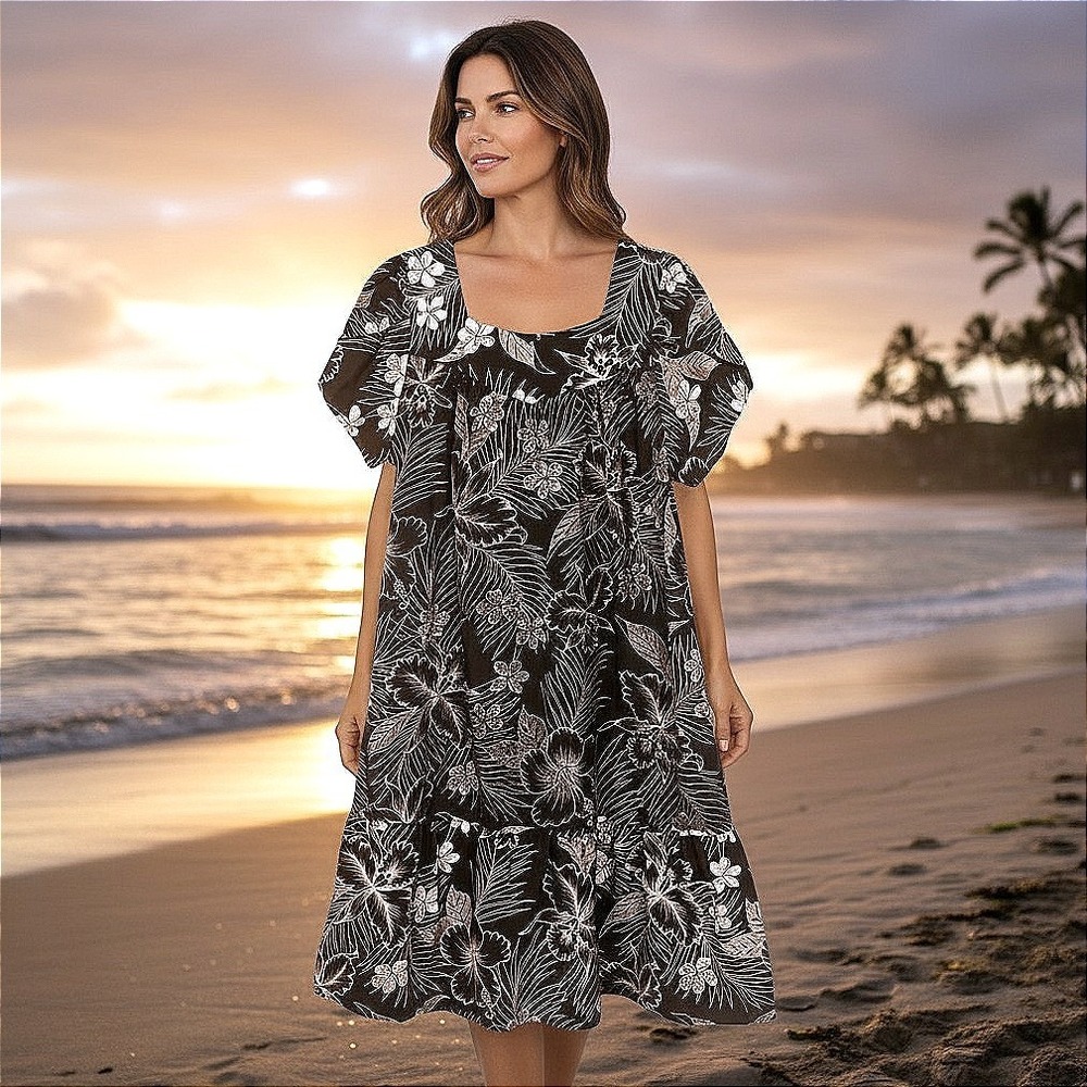 Royal Creations Hawaiian Muumuu Dress XL Black White Floral Ruffle Made in Hawai